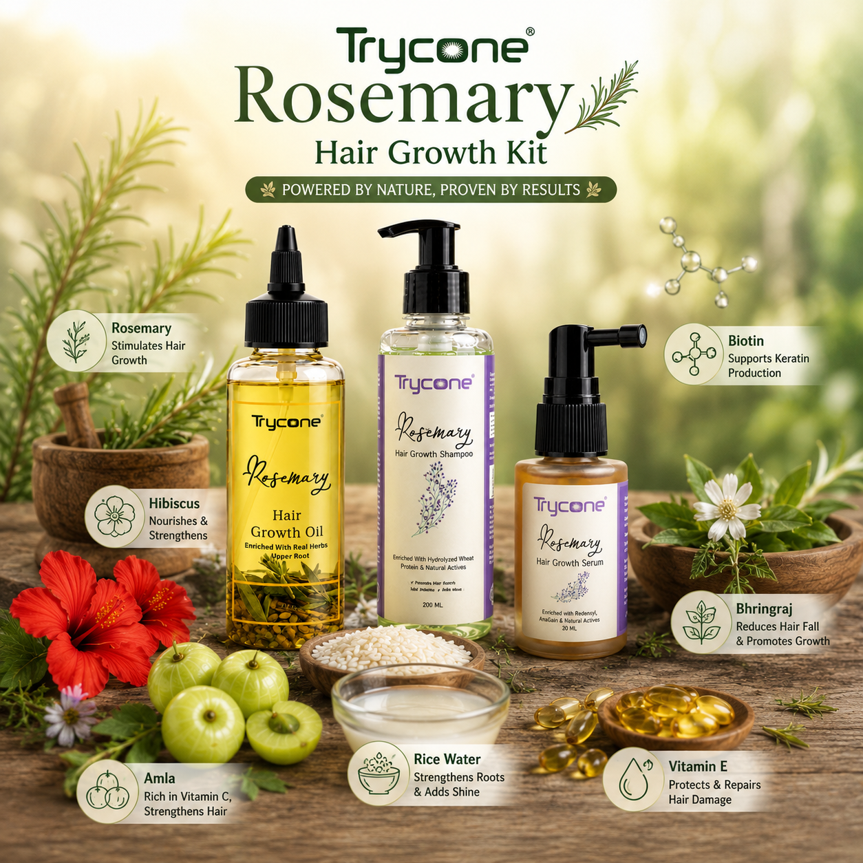 Rosemary Hair Growth Kit & Anti Hair Fall Combo | Includes Shampoo (200ml), Hair Oil (200ml) & Advanced Hair Growth Serum (30ml) with Redensyl & Biotin | Complete 3-Step Hair Regimen for Men & Women