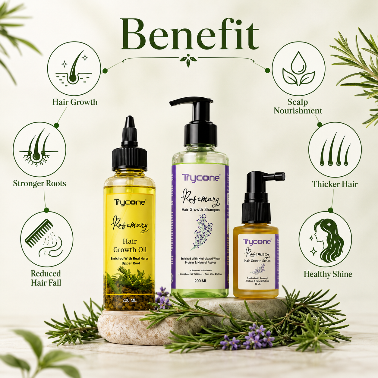 Rosemary Hair Growth Kit & Anti Hair Fall Combo | Includes Shampoo (200ml), Hair Oil (200ml) & Advanced Hair Growth Serum (30ml) with Redensyl & Biotin | Complete 3-Step Hair Regimen for Men & Women