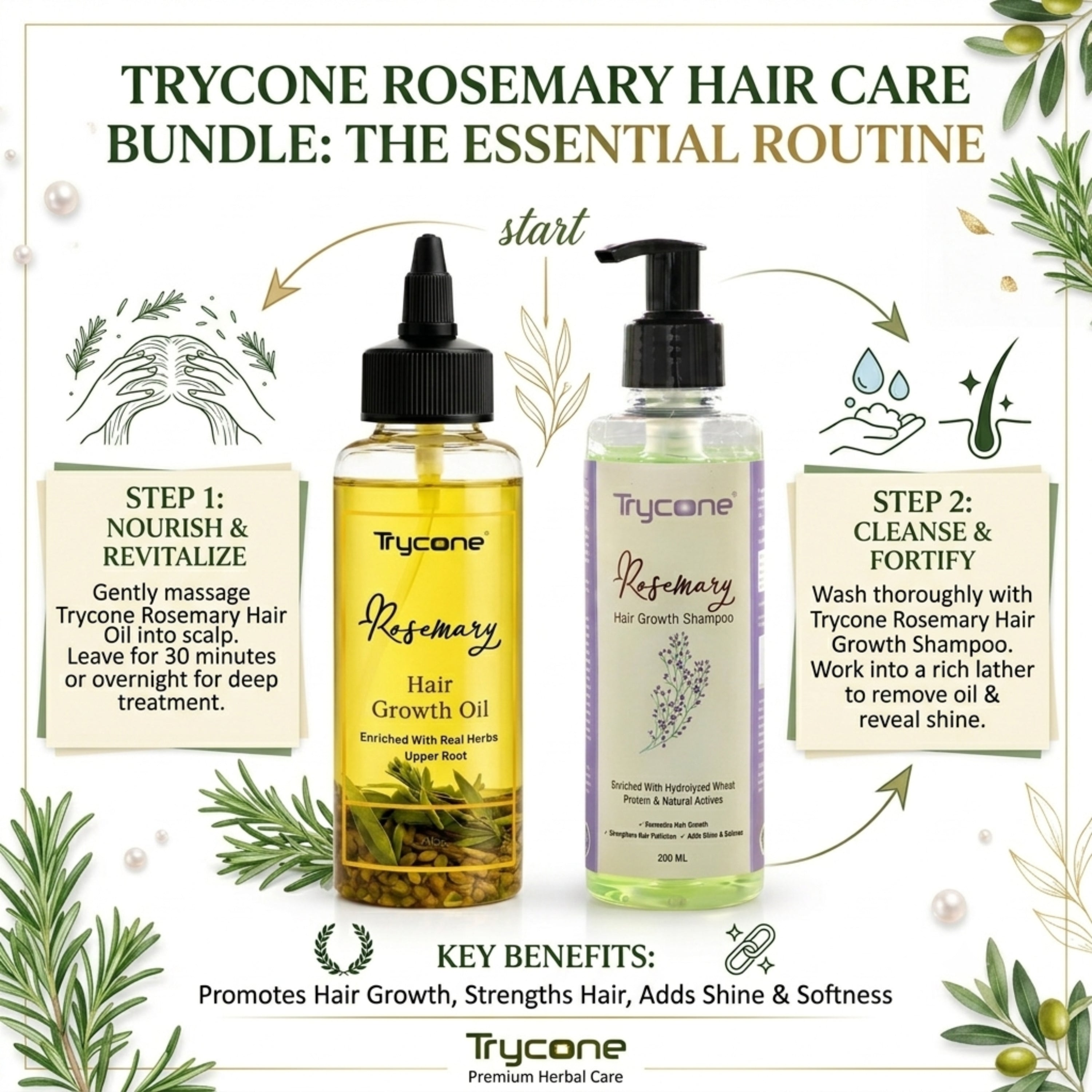 Rosemary Hair Growth Combo – Hair Oil 200ml + Shampoo 200ml | Controls Hair Fall, Strengthens Roots & Promotes Hair Growth | 2-Step Hair Care Kit for Men and Women