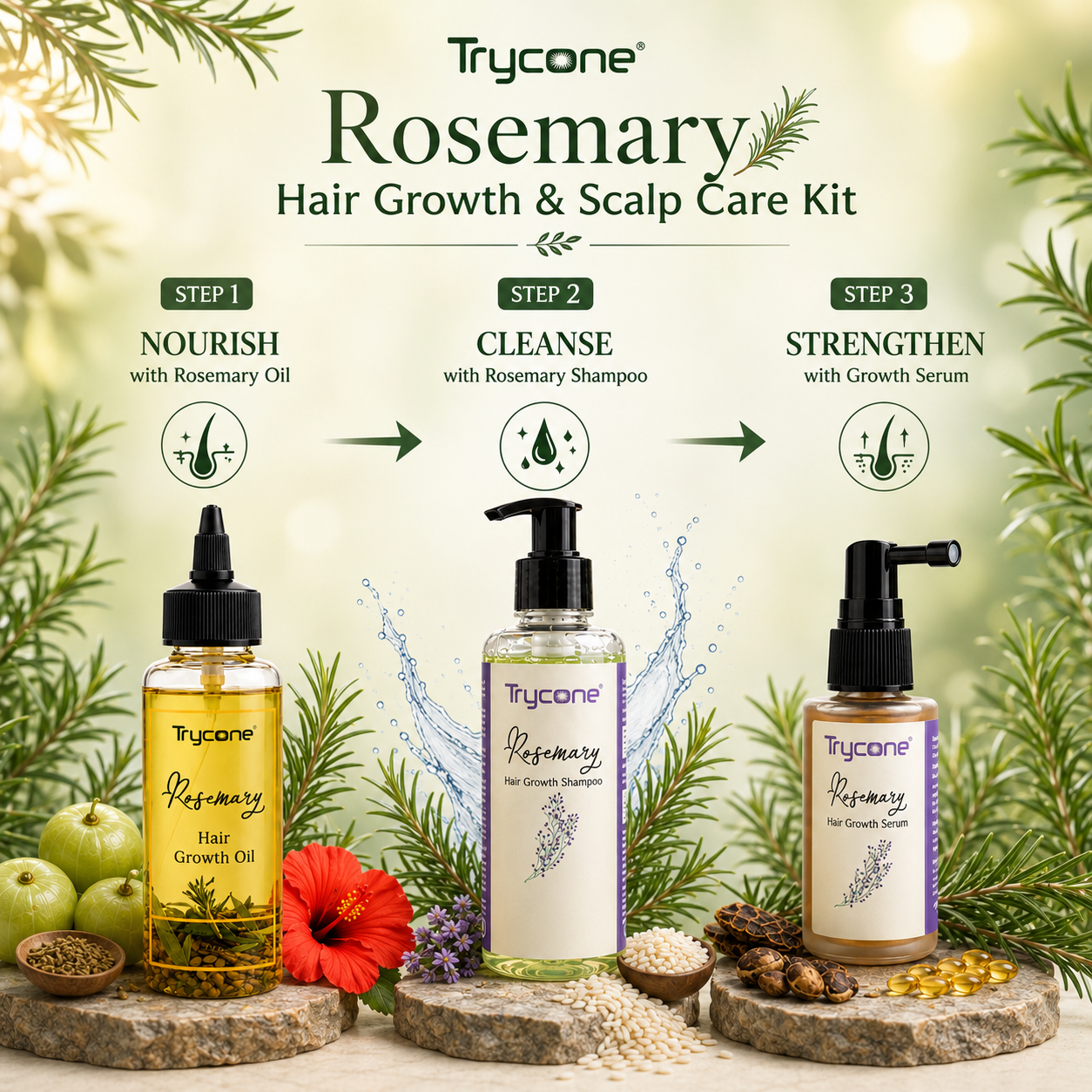 Rosemary Hair Growth Kit &amp; Anti Hair Fall Combo | Includes Shampoo (200ml), Hair Oil (200ml) &amp; Advanced Hair Growth Serum (30ml) with Redensyl &amp; Biotin | Complete 3-Step Hair Regimen for Men &amp; Women