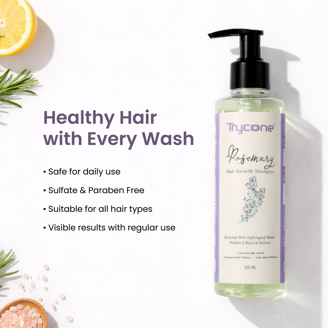 Trycone Rosemary Hair Shampoo Enriched with Hydrolyzed Wheat Protein &amp; Natural Actives – 200 Ml